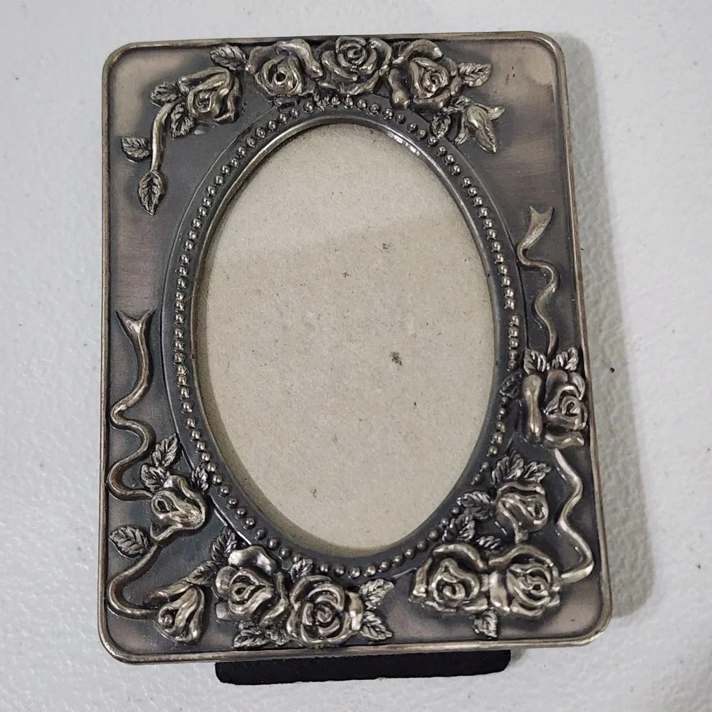 Vintage Ornate Pewter Tone Miniature Rose Picture Frame Oval Opening 3.25x2.5